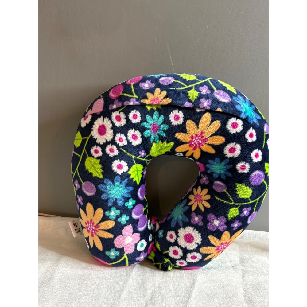 Wolf Essentials Floral Fleece Travel Neck Pillow Navy Blue Multi Color Snap - Picture 2 of 4